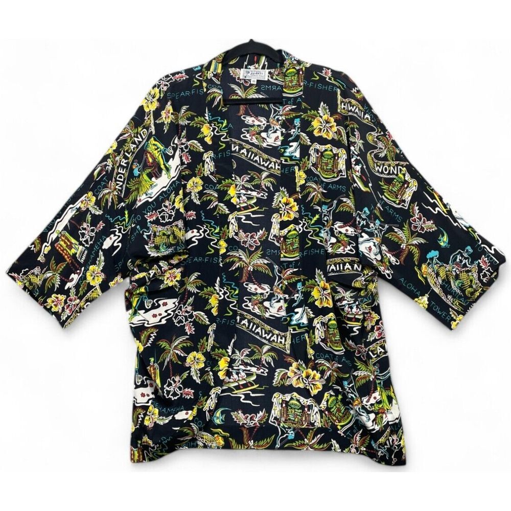 Vintage Avanti Womens Top Hawaiian Silk Open Front‎ Topper Aloha Black One Size